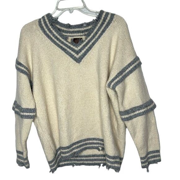 POL Varsity Stripe Ivory Off White Angora Blend Destroyed Hem V-Neck Sweater. SM - Picture 1 of 11
